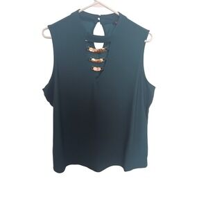 AUW Womens Green Sleeveless Blouse Gold Coin Chain V-Neck Top Size Large
